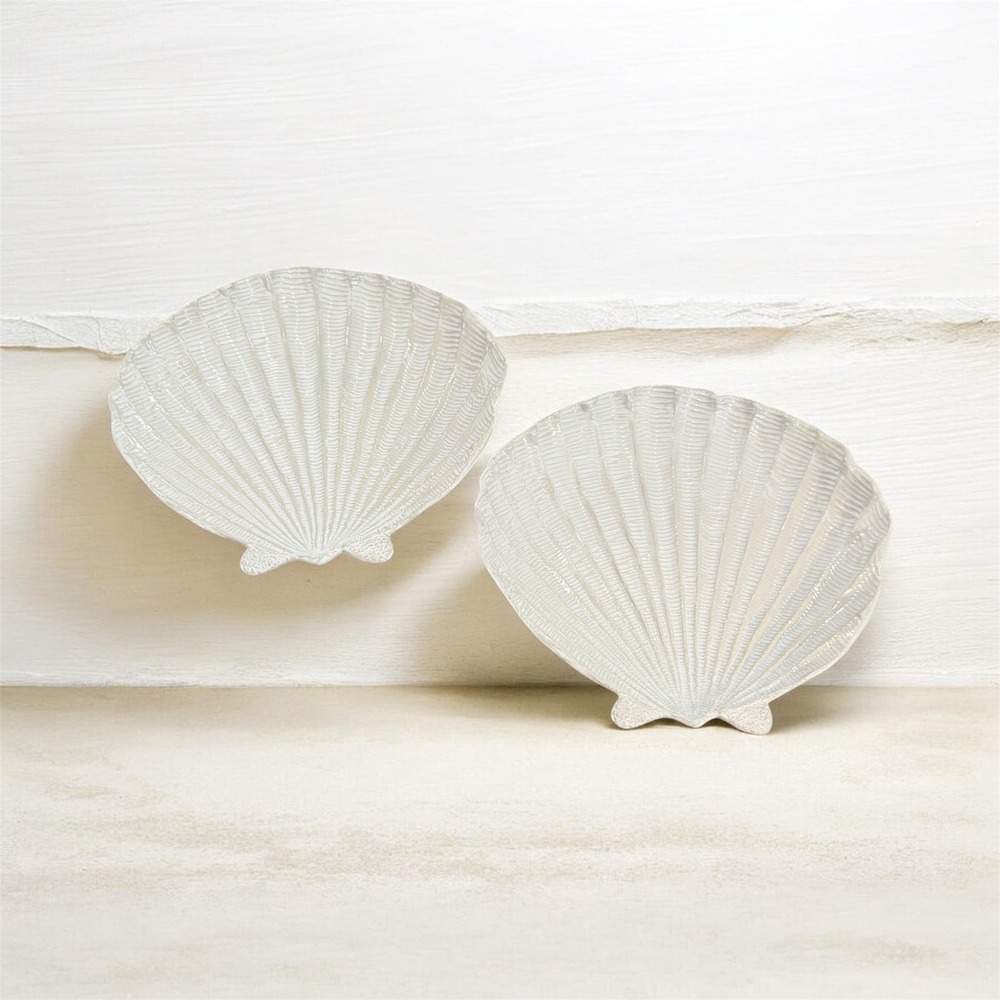 Kohls White Ceramic Seashell Decorative Tray Set of 2 Scallop Shell Coastal 9x8